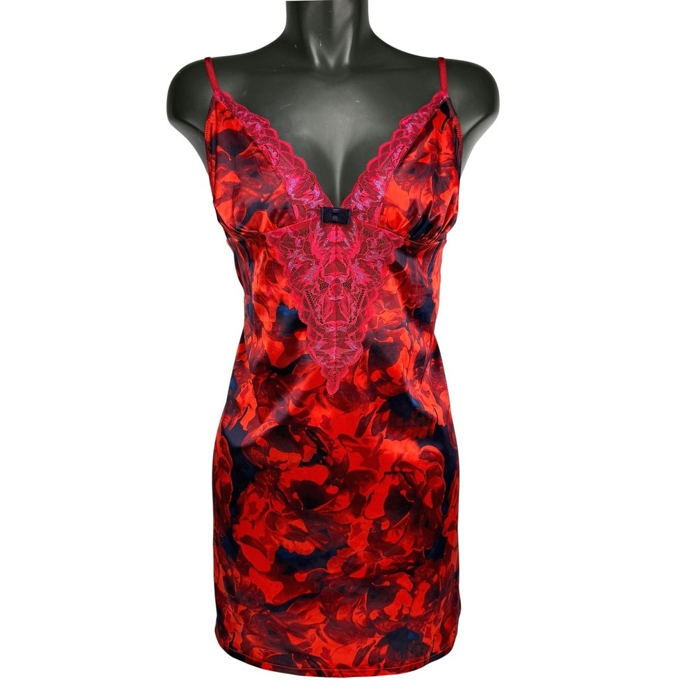 TRIUMPH Satin Lace Red Floral Women's Chemise‎ Nightdress Size S/M